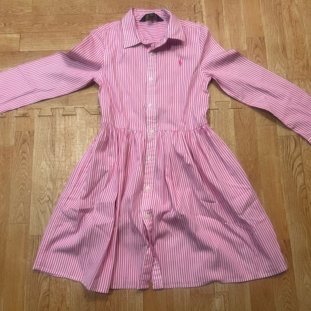 Ralph Lauren Girls Pink Striped Shirt Dress Size 6 | Preppy Button Down Dress